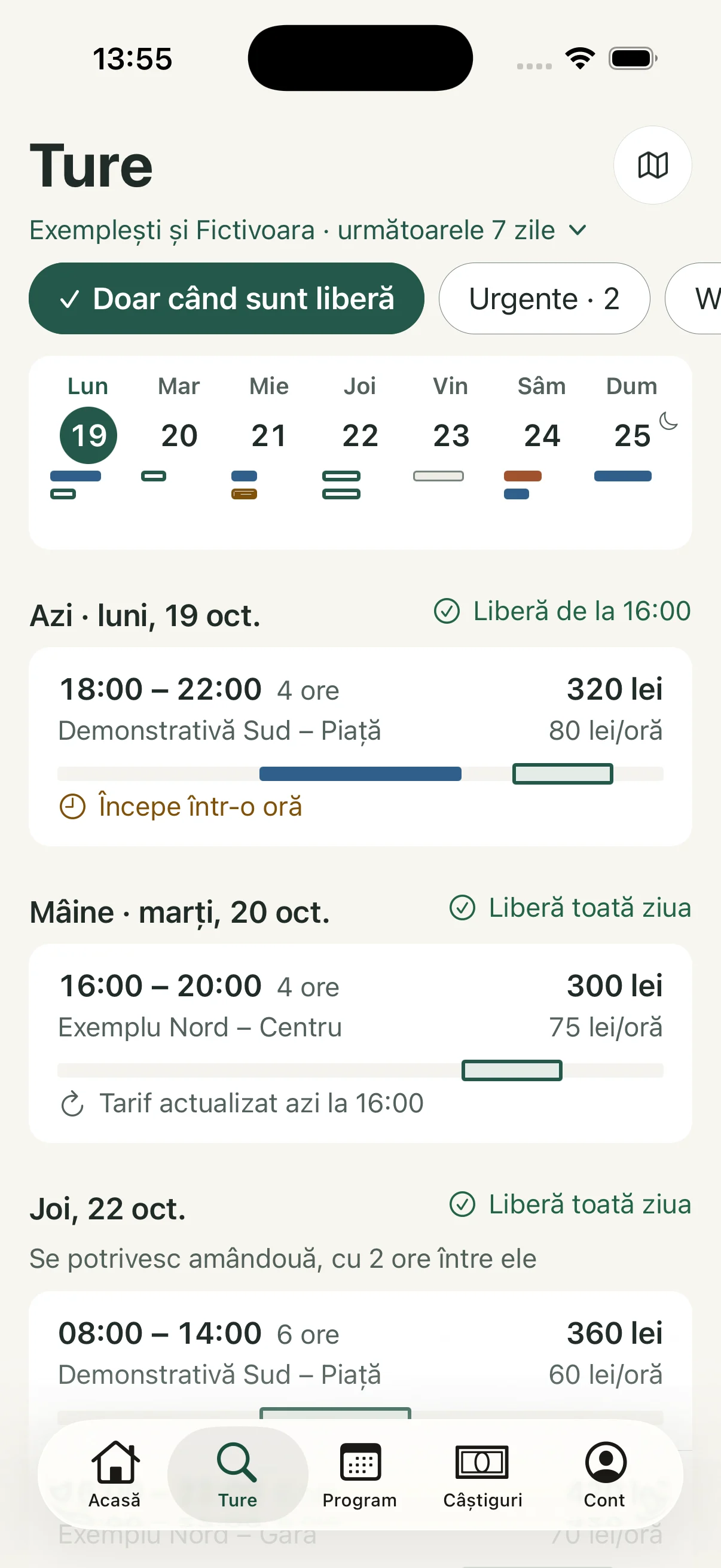 Ture grupate pe zile sub banda săptămânii, cu intervalul, farmacia, totalul net și potrivirea cu programul.