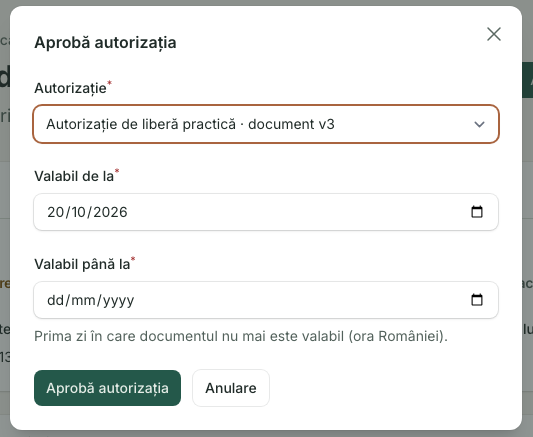 Aprobă autorizația: 1. Autorizație; 2. Valabil de la; 3. Valabil până la; 4. Aprobă autorizația