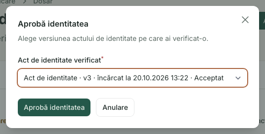 Aprobă autorizația: 1. Aprobă identitatea; 2. Act de identitate verificat