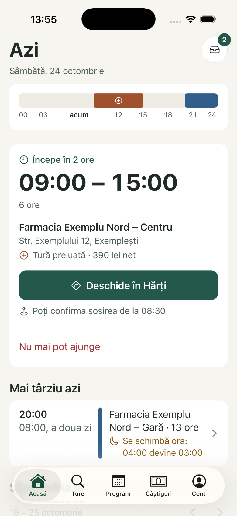 Acasă: 1. Banda zilei; 2. 09:00 – 15:00; 3. Deschide în Hărți