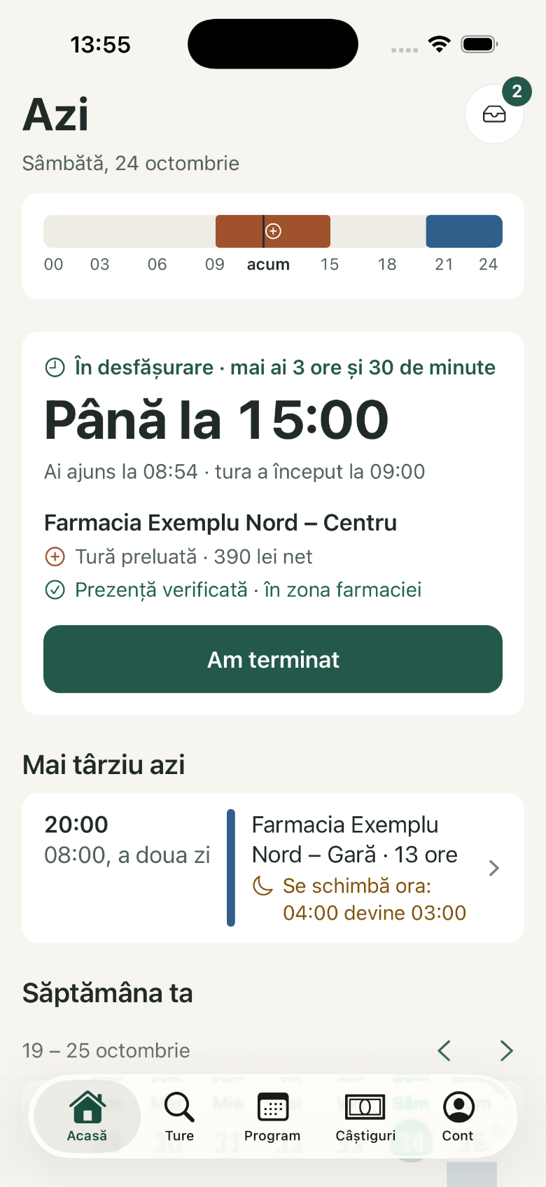 Acasă: 1. În desfășurare; 2. Am terminat; 3. Mai târziu azi
