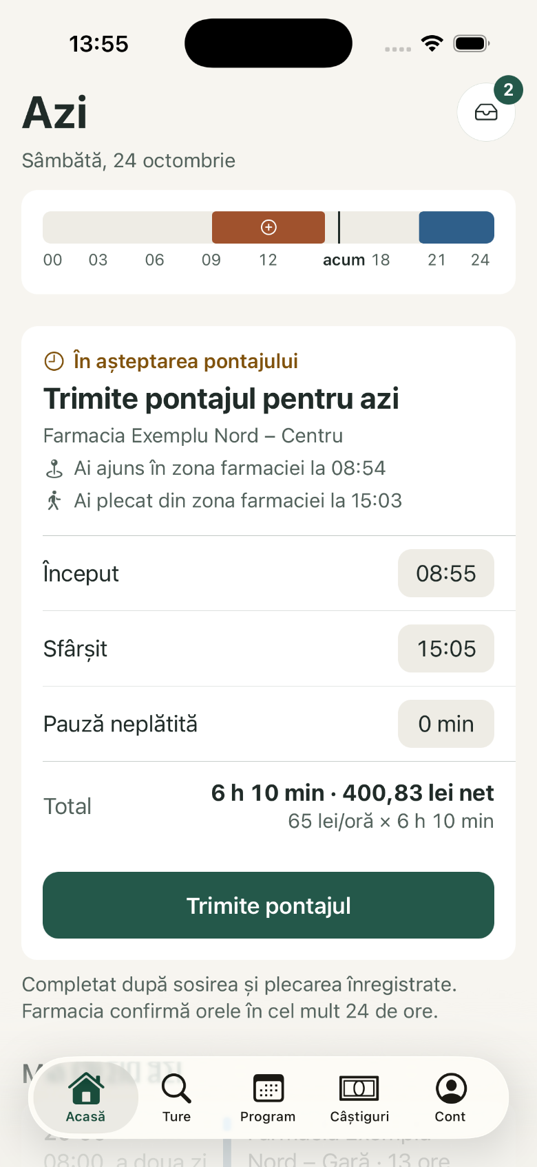 Trimite pontajul pentru azi: 1. Trimite pontajul pentru azi; 2. Început, Sfârșit și Pauză neplătită; 3. Total; 4. Trimite pontajul