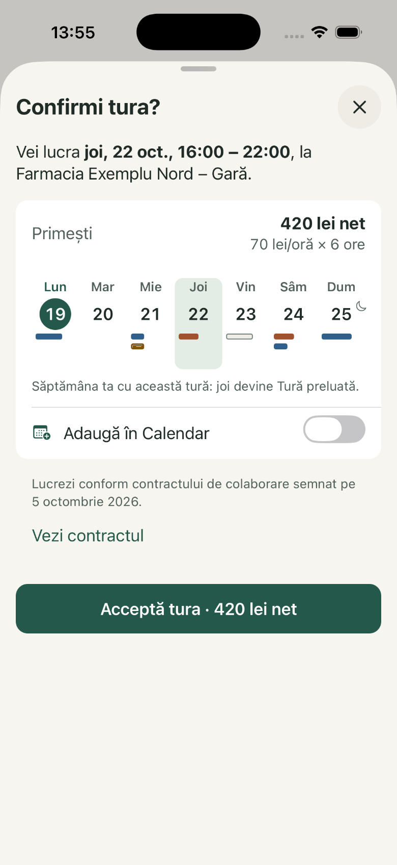 Confirmi tura?: 1. Primești; 2. Previzualizarea săptămânii; 3. Adaugă în Calendar; 4. Acceptă tura