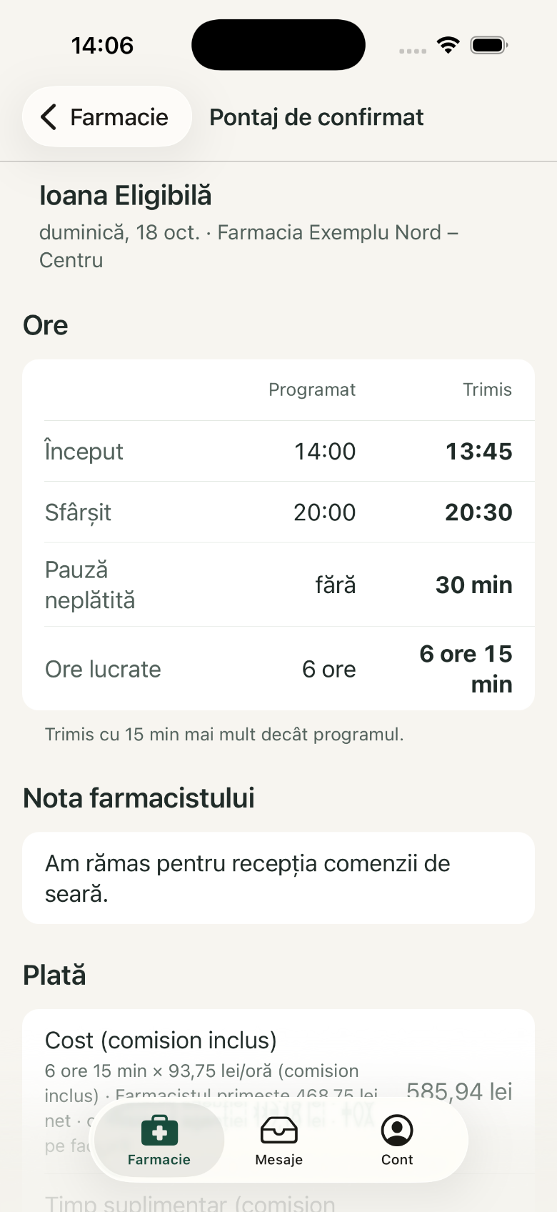 Pontaj: 1. Ioana Eligibilă; 2. Programat și Trimis; 3. Nota farmacistului