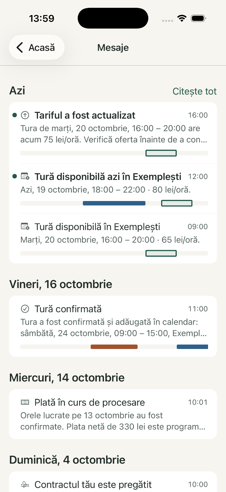 Mesaje: 1. Tariful a fost actualizat; 2. Tură confirmată; 3. Plată în curs de procesare