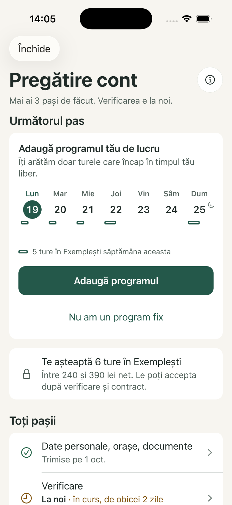 Pregătire cont: 1. Pregătire cont; 2. Adaugă programul tău de lucru; 3. Adaugă programul; 4. Toți pașii