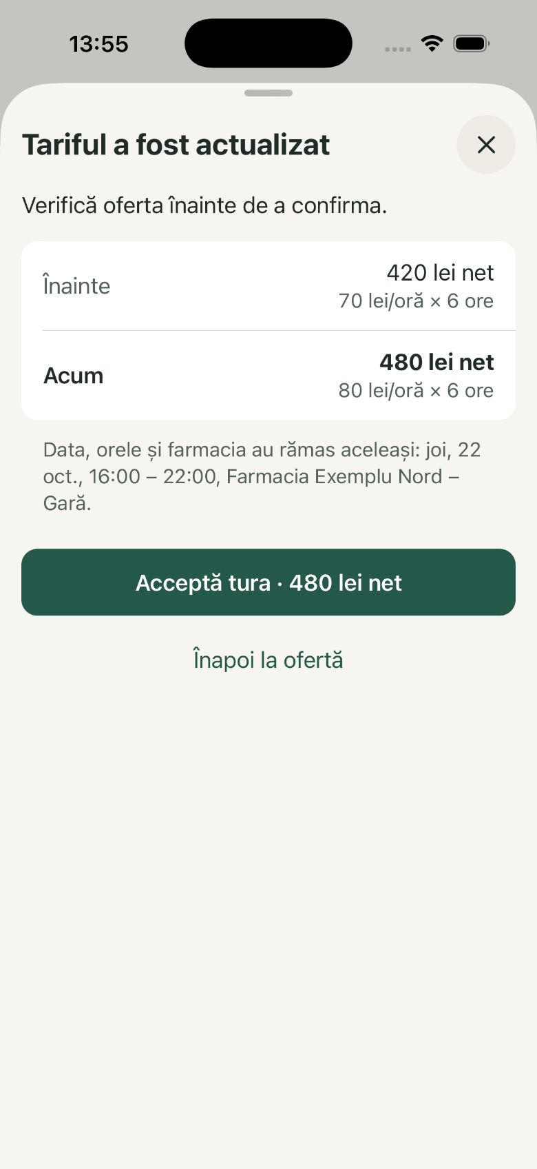 Tariful a fost actualizat: 1. Tariful a fost actualizat; 2. Înainte · 420 lei net; 3. Acum · 480 lei net; 4. Acceptă tura · 480 lei net