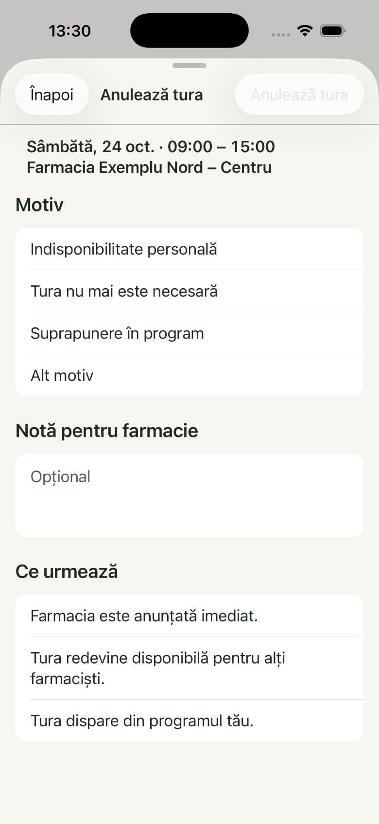Anulează tura: 1. Motiv; 2. Notă pentru farmacie; 3. Ce urmează; 4. Anulează tura