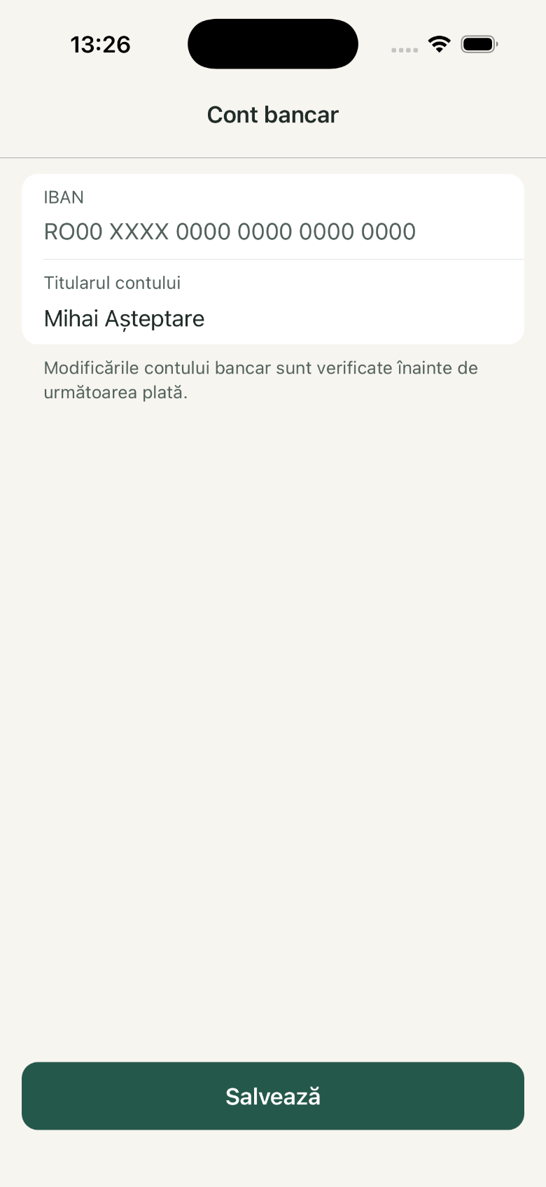 Cont bancar: 1. IBAN; 2. Titularul contului; 3. Salvează