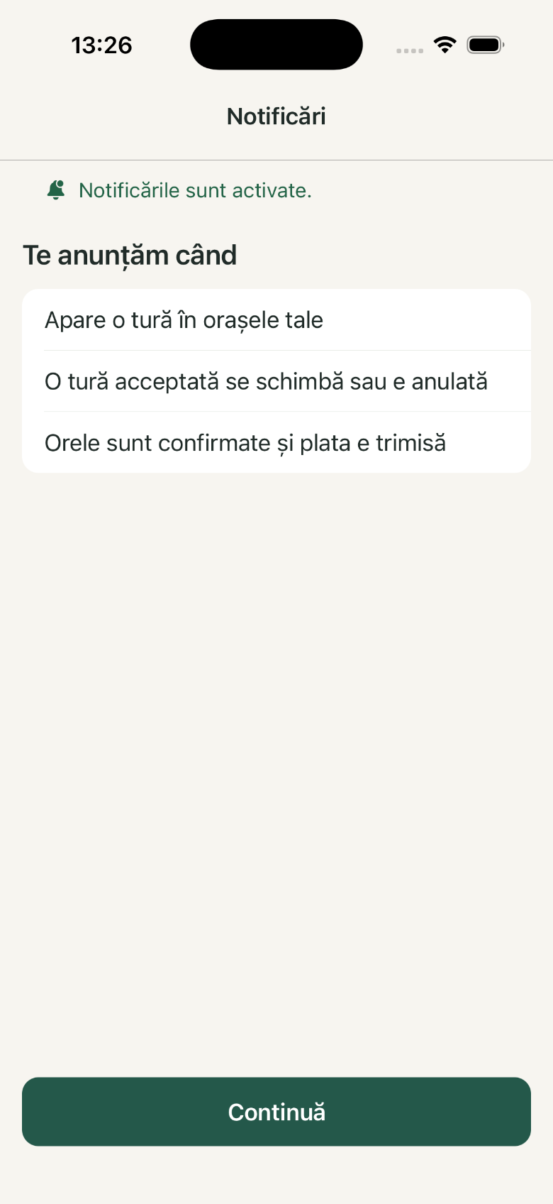 Notificări: 1. Notificările sunt activate.; 2. Te anunțăm când; 3. Continuă