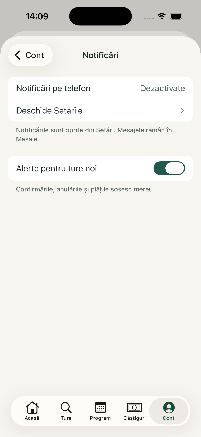 Notificări: 1. Notificări pe telefon; 2. Alerte pentru ture noi