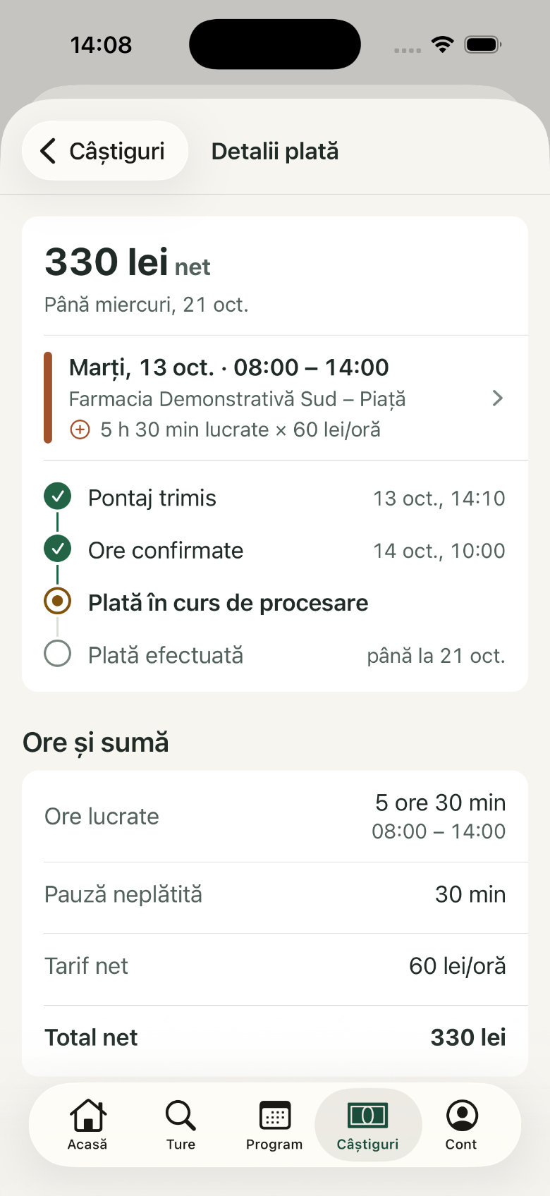 Detalii plată: 1. 330 lei net; 2. Etapele plății; 3. Ore și sumă