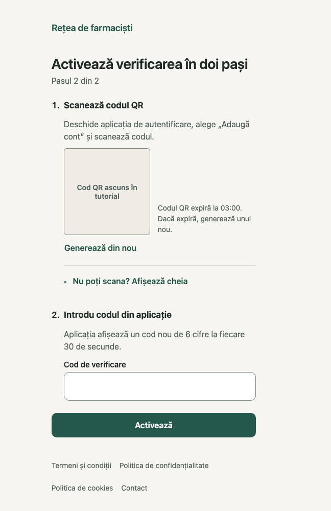 Activează verificarea în doi pași: 1. Scanează codul QR; 2. Nu poți scana? Afișează cheia; 3. Cod de verificare; 4. Activează