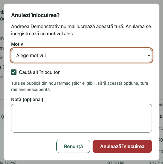 Anulezi înlocuirea?: 1. Anulezi înlocuirea?; 2. Motiv; 3. Caută alt înlocuitor; 4. Anulează înlocuirea