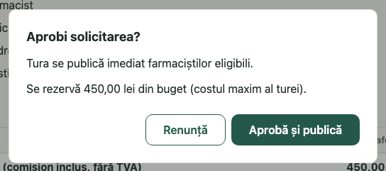 Aprobi înlocuirea?: 1. Aprobi solicitarea?; 2. Se rezervă 450,00 lei din buget; 3. Aprobă și publică