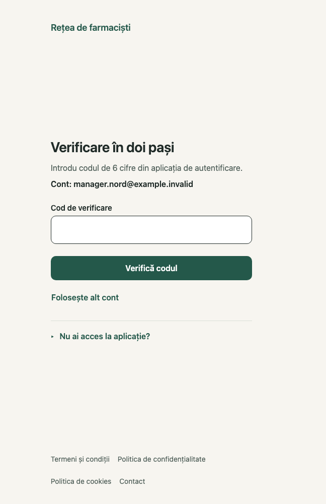 Verificare în doi pași: 1. Cod de verificare; 2. Verifică codul; 3. Nu ai acces la aplicație?