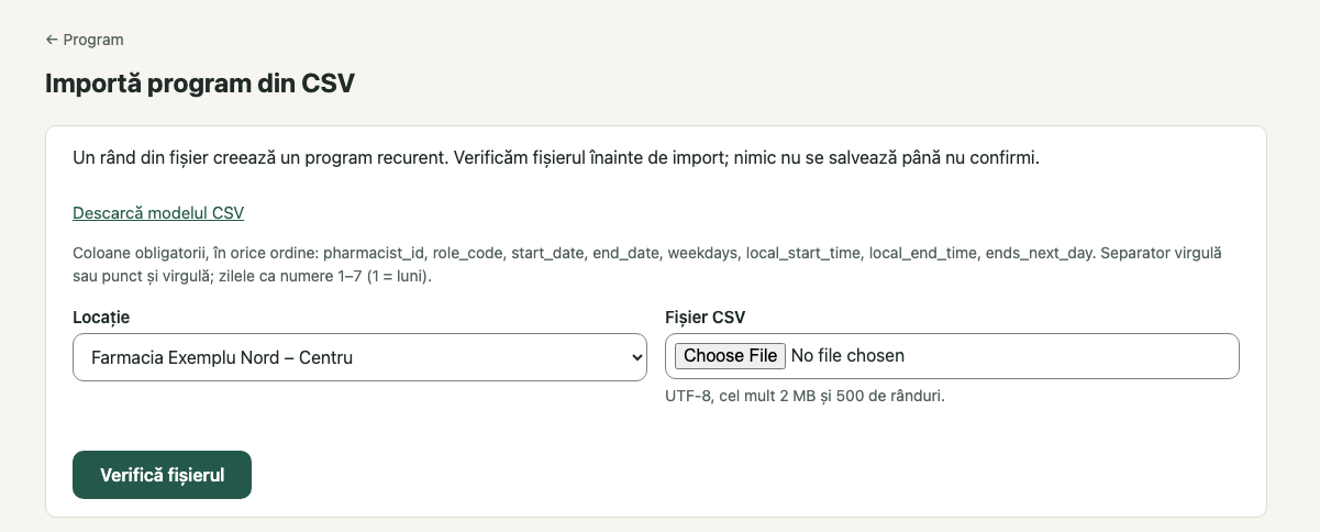 Importă program din CSV: 1. Descarcă modelul CSV; 2. Locație; 3. Fișier CSV; 4. Verifică fișierul