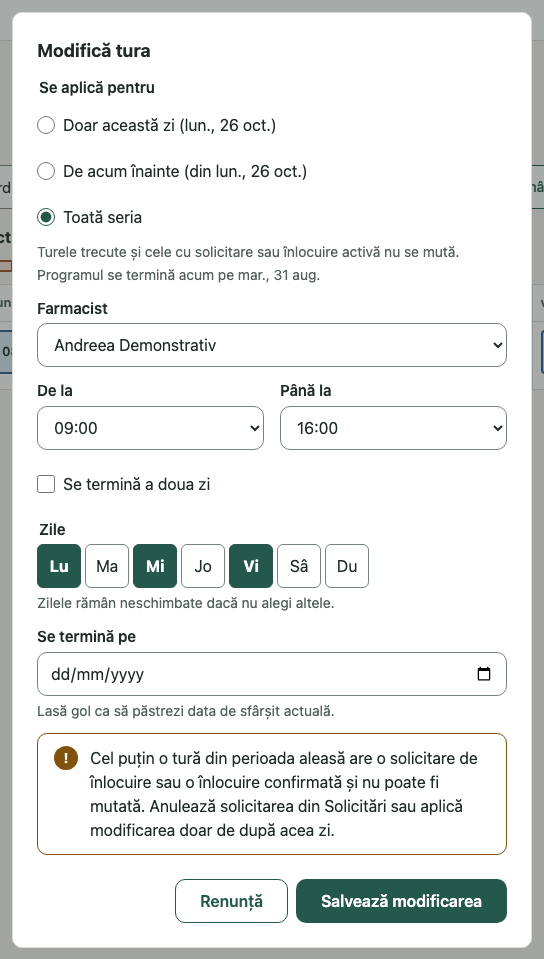 Modifică tura: 1. Toată seria; 2. Cel puțin o tură… nu poate fi mutată.; 3. Salvează modificarea
