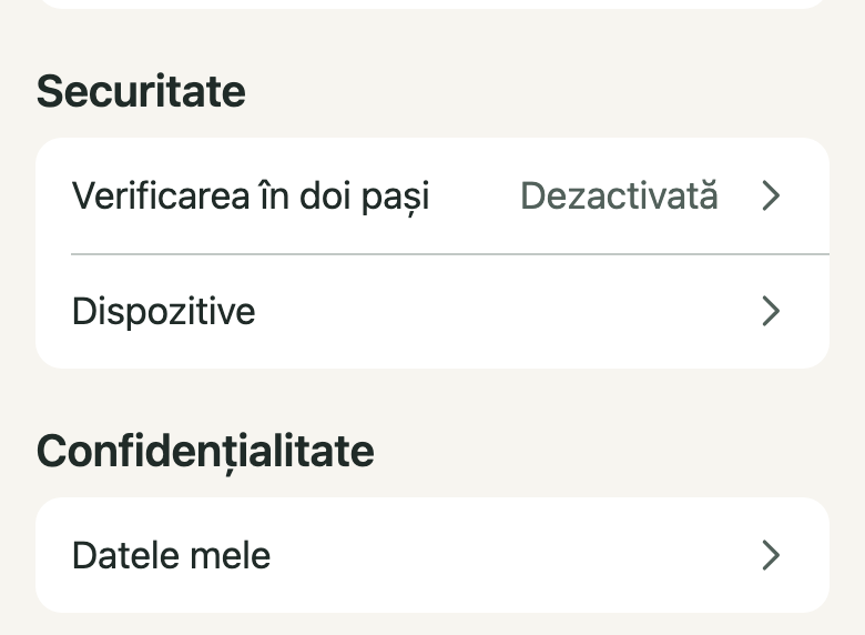Cont → Securitate: 1. Securitate; 2. Verificarea în doi pași; 3. Dispozitive
