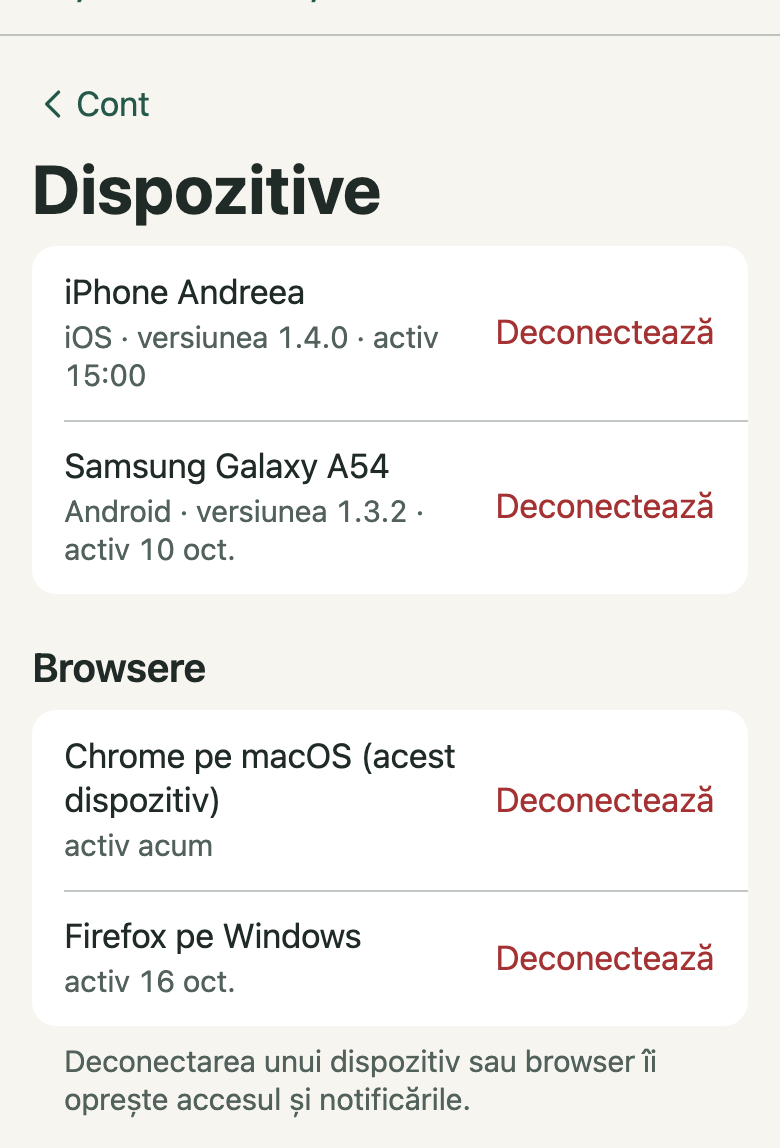 Dispozitive: 1. Telefoane cu aplicația; 2. Deconectează; 3. Browsere; 4. (acest dispozitiv)