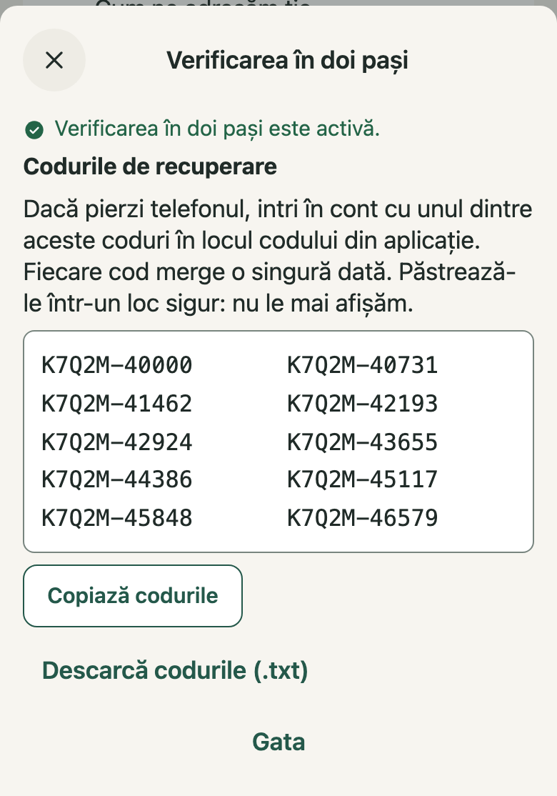Verificarea în doi pași: 1. Verificarea în doi pași este activă.; 2. Codurile de recuperare; 3. Copiază codurile; 4. Descarcă codurile (.txt)