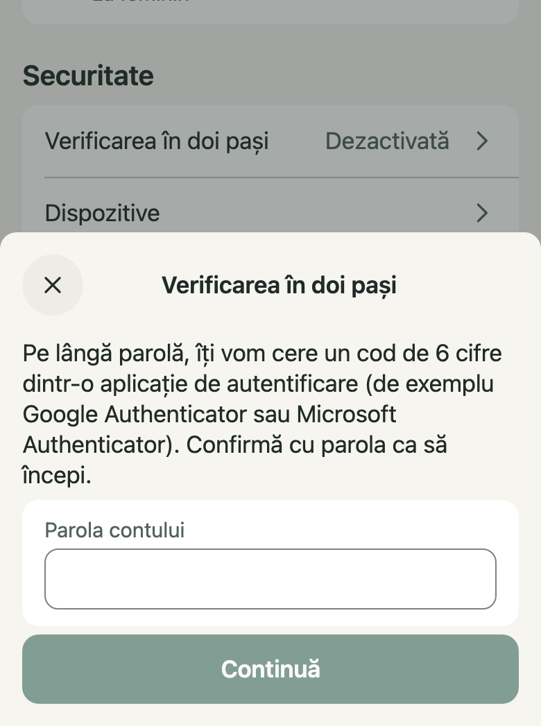 Cont → Securitate: 1. Parola contului; 2. Continuă
