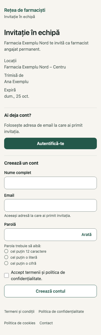 Invitație în echipă: 1. Ai deja cont?; 2. Creează un cont; 3. Aceeași adresă la care ai primit invitația.; 4. Creează contul